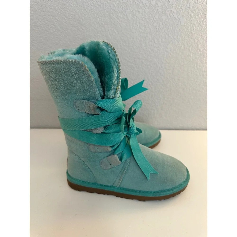 GQPY Women Turquoise Suede Ribbon Lace Up Faux Fur Lined Winter Boots 36